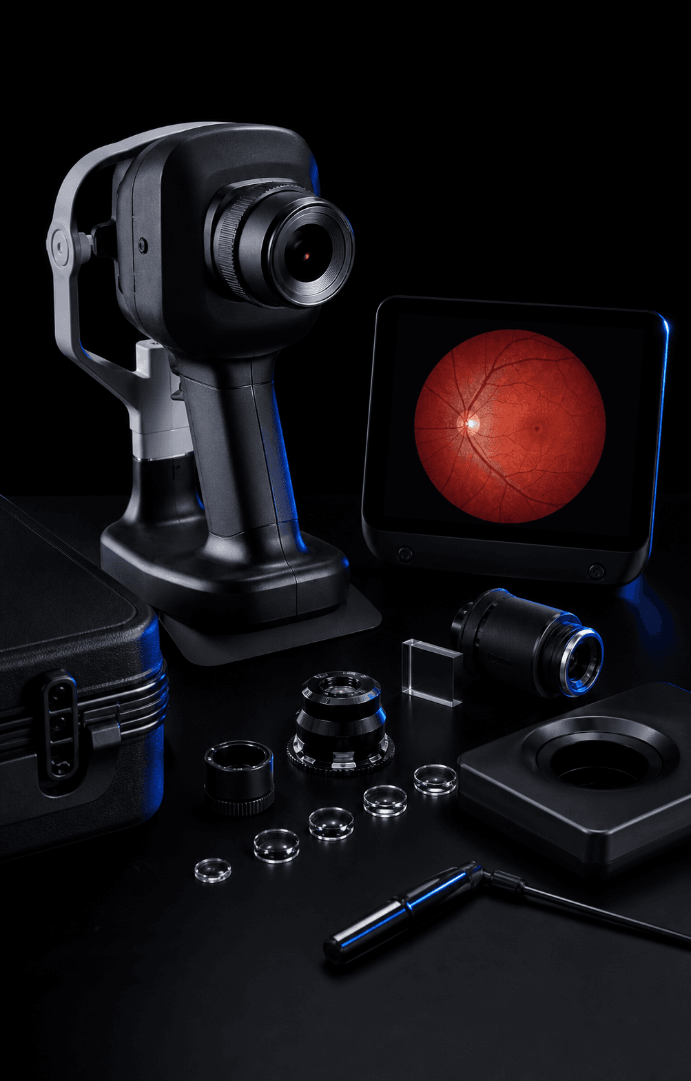 Portable retinal camera beside a retinal image